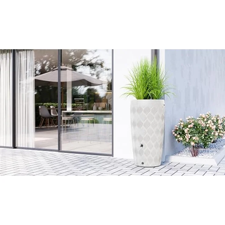 YourCasa Regentonne 240 Liter [Seabreeze] Kunststoff mit Wasserhahn - Regenwassertonne für Garten (Weiss mit Wasserhahn) – Bild 3