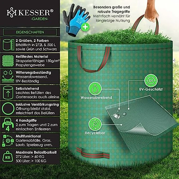 KESSER® Gartensack Set 6X 500L, selbststehend, stabil und faltbar, grün, inkl. Handschuhe, ideal für Gartenabfälle und Grünschnitt – Bild 2