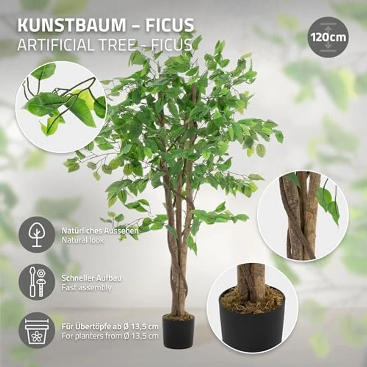 ML DESIGN Kunstpflanze Ficus 120 cm, natürliche Deko Zimmerpflanze mit schwarzem Topf, pflegeleicht und langlebig für Innen/Außen – Bild 2