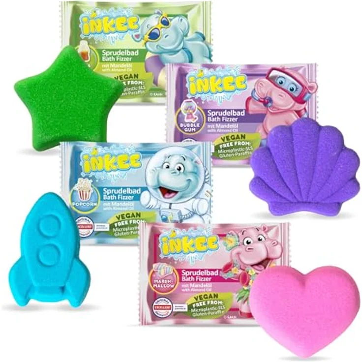 INKEE Bath Fizzer Mix, 4er Pack Kinder Badebomben mit Mandelöl, 4x 20g in Pinkem Herz, Lila Muschel, Grünem Stern und Blauer Rakete mit verschiedenen Aromen – Bild 1