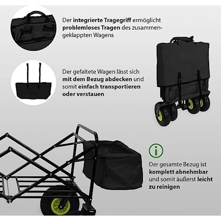 TRUTZHOLM Falt-Bollerwagen mit Vollgummi-Rädern, Hecktasche und Teleskopgriff, schwarz – Bild 5