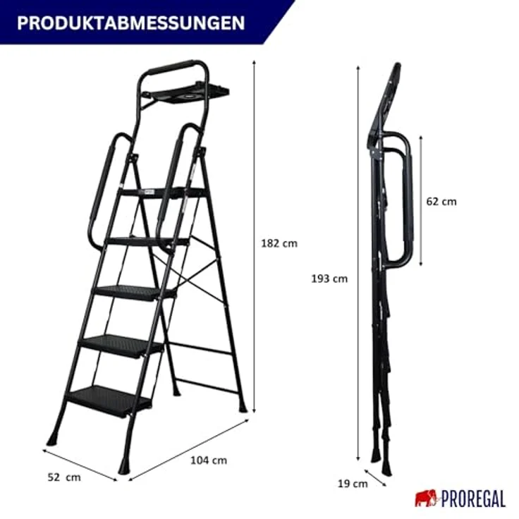 PROREGAL® Trittleiter Profi-Stehleiter, klappbar, 5 Stufen, Traglast 150 kg, robuste Stahlkonstruktion, Kunststoffstufen, Matt Schwarz – Bild 2