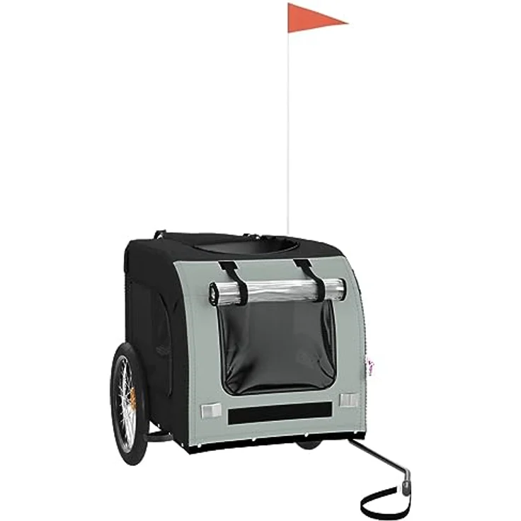 vidaXL Fahrradanhänger für Hunde, Hundeanhänger mit Reflektoren Flagge, Hundetransporter Maximale Belastbarkeit 45kg, Grau Schwarz Oxford-Gewebe Eisen – Bild 3