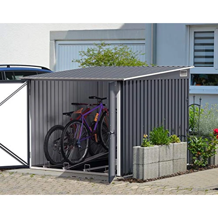 Tepro Fahrradschuppen für 4, Fahrradgarage mit 4x verstellbaren Fahrradschienen & breiten abschließbaren Doppeltüren, Gartenschuppen aus Metall für Fahrräder, Fahrradlager für 4 Fahrräder, Anthrazit – Bild 2