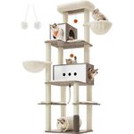 Feandrea Kratzbaum XXL, 197 cm hoch, modern, mit 2 Höhlen, 2 Liegemulden, 4 Kratzstämmen, Tunnel, Greige PCT193G01