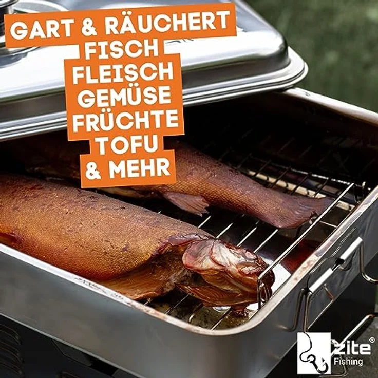 Zite Fishing Tischräucherofen Edelstahl Set mit Thermometer, Buchen-Räuchermehl & Räucherlake, für Fisch, Fleisch, Tofu & mehr, flexibel ohne Strom bzw. Gas, kompakt 42x27x21 cm – Bild 2