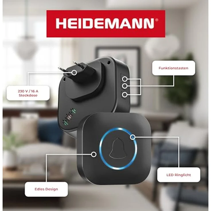 Heidemann Funkgong-Set Blackline, 2-tlg. Türklingel-Set mit 36 Melodien, LED-Signal, 8 Klingeltönen, variablen Lautstärkestufen, hohe Reichweite – Bild 3