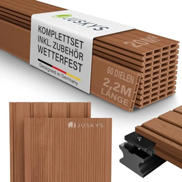 Juskys WPC-Terrassendielen, 20 m² Komplett-Set, witterungsbeständig, raue Oberfläche, Belastbarkeit bis 330 kg/m², Farbe Teak – Bild 1