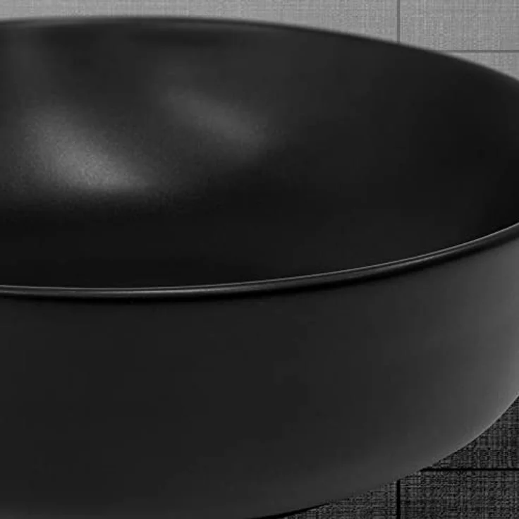 LuxeBath Waschbecken Aufsatzwaschbecken aus Keramik für Badezimmer/Gäste-WC, Rund, Schwarz, Ø 360 x 120 mm, Armatur mit Standard-Anschluss – Bild 6