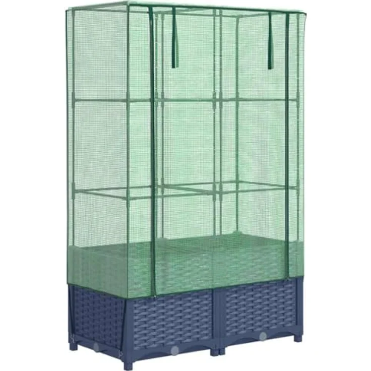 vidaXL Hochbeet Hochbeet mit Gewächshaus-Aufsatz Rattan-Optik 80x40x138 cm (Dunkelgrau) – Bild 2