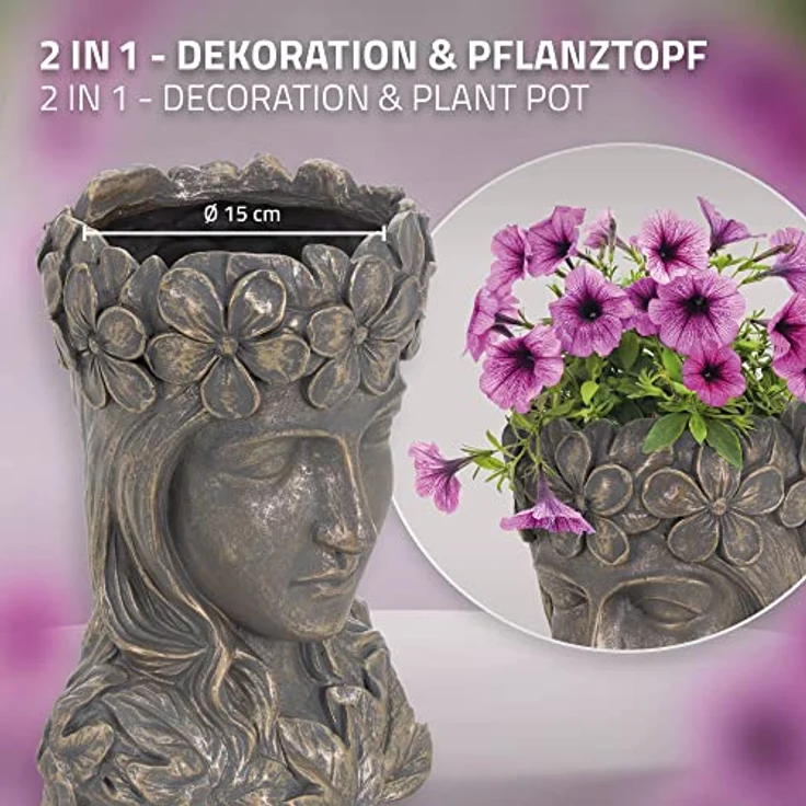 ML-Design Pflanztopf Frauenkopf Figur 21x16x32 cm Bronze Kunstharz, Innen/Außen, Groß Büste Skulptur, Weiblich Mädchen Statue Dame Gesicht Pflanzgefäß Blumentopf Übertopf Pflanzer Gartendeko Vase Urne – Bild 4