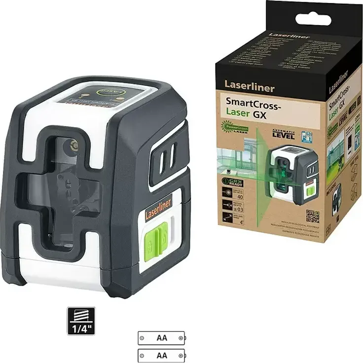 Laserliner SmartCross-Laser GX, Kreuzlinienlaser mit max. Arbeitsbereich 0-40 m, grünes Laserkreuz, manuelle Neigungsfunktion, integrierter Handempfänger-Modus