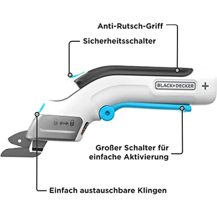 Black+Decker 3.6V Akku-Schere BCSC115 (kabellos, für Stoffe, Papier, Karton, Leder und Kunststoff, inkl. 2 austauschbare Klingen, USB-C Ladekabel) – Bild 3