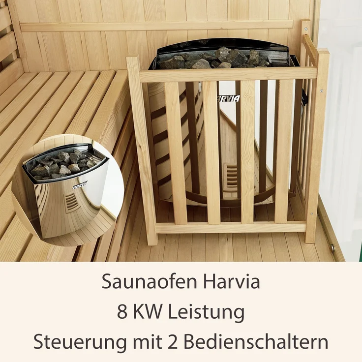 Artsauna Saunakabine Espoo200 Premium mit Harvia Ofen – 5 Personen – Hemlock Holz, Glasfront und LED Licht – Inkl. Thermometer & Sanduhr –Komplett Set – Bild 7