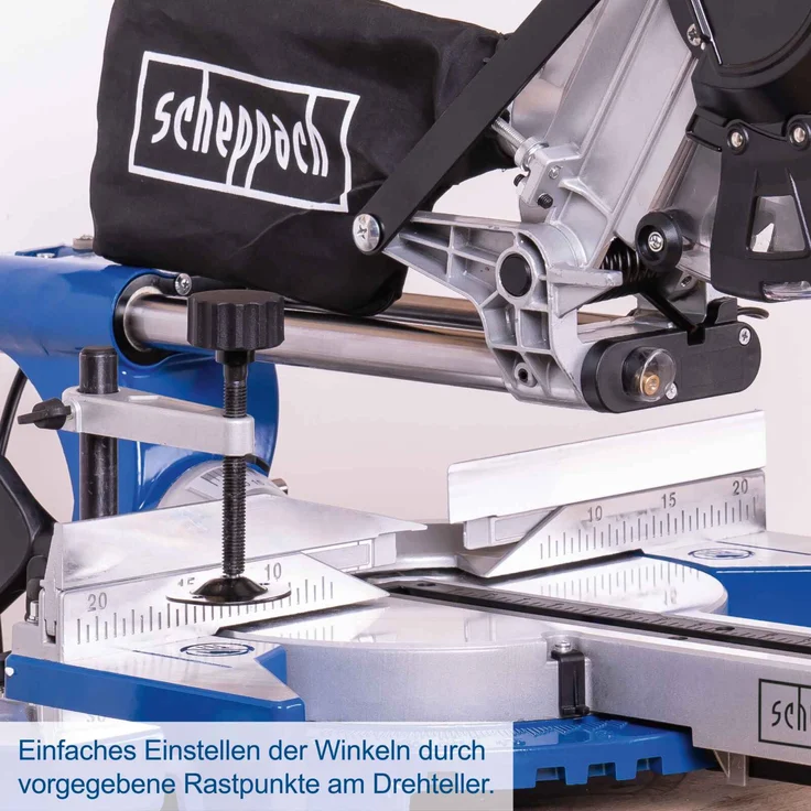 Scheppach HM216 Kappzugsäge Kappsäge Gehrungssäge 2000 W, Ø 216 mm Sägeblatt, 34 cm Schnittbreite mit Schnittkanten-Laser und LED, Drehtisch mit Schnellarretierung, inkl. 2 Hartmetall-Sägeblättern – Bild 3