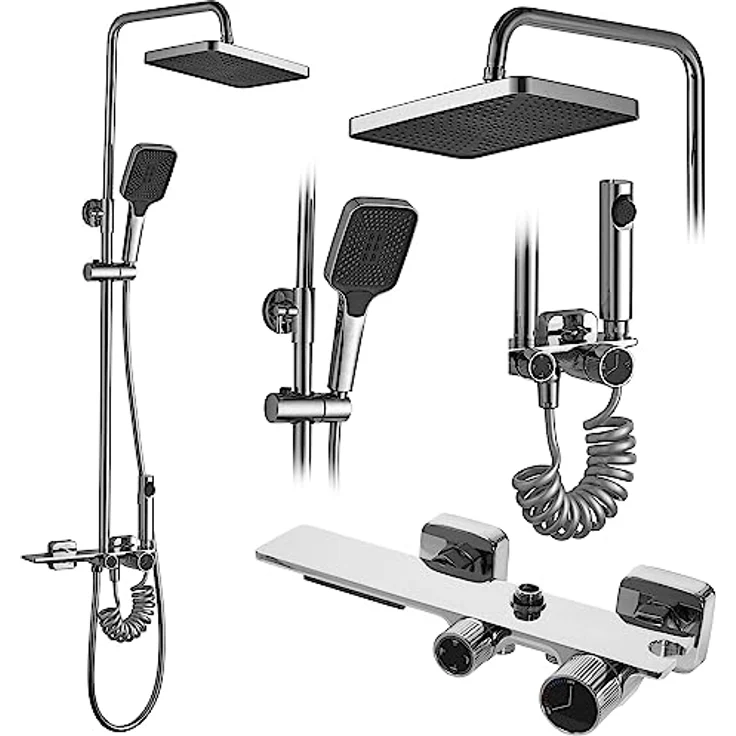 Rea Duschsystem HELIX, Duschset mit Duscharmatur, Regendusche 20x30 cm, Messingkopfbrause, Chrom – Bild 1