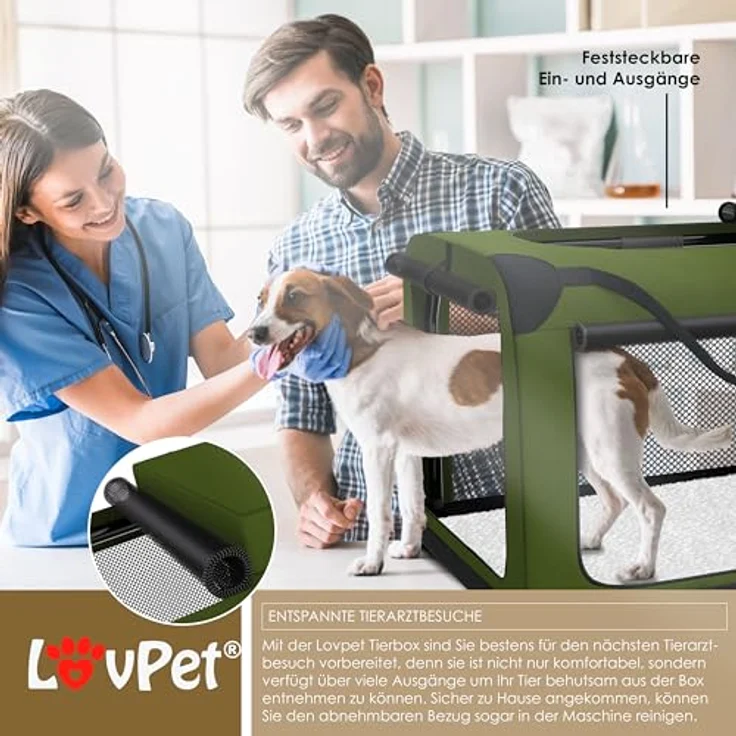 Lovpet® Transportbox Hund Katze Transporttasche XXL 91,4x63,5x63,5cm Faltbar | Inkl. Hundenapf & Schultergurt | Khaki – Bild 3