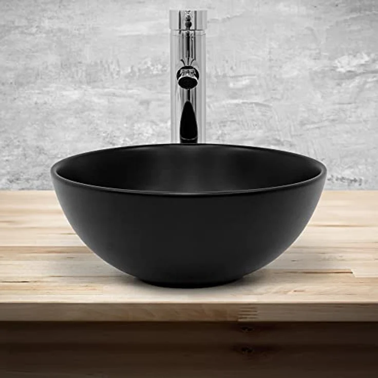ML-Design Waschbecken aus Keramik Schwarz Matt Ø32x13,5cm Rund inkl. Ablaufgarnitur ohne Überlauf, Moderne Aufsatzwaschbecken Waschtisch Waschschale Waschplatz Handwaschbecken, für Badezimmer/Gäste-WC – Bild 4
