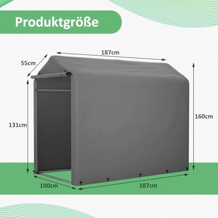 Thanaddo Fahrradgarage 100x187x160cm, robuster Carport mit verzinktem Stahlrahmen, dunkelgrau – Bild 2