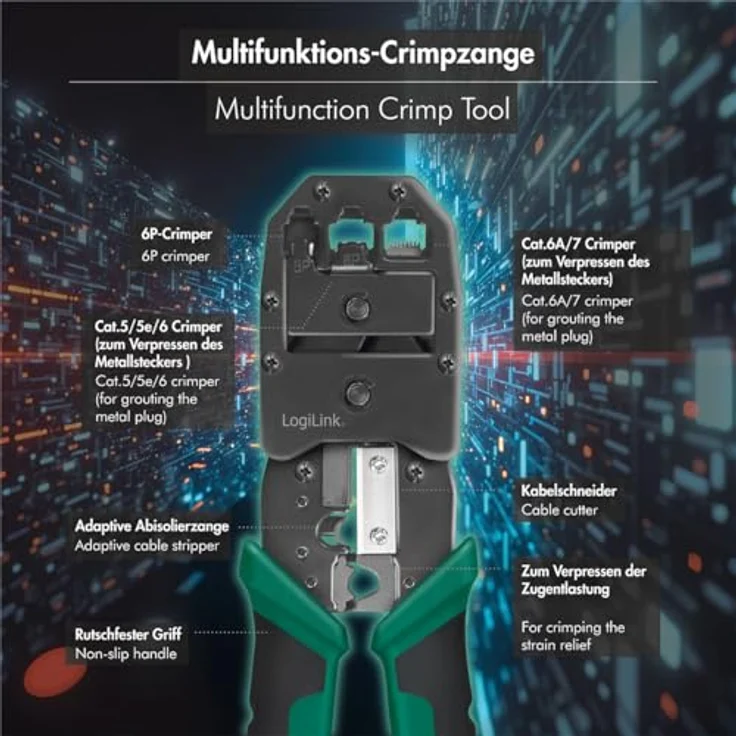 LogiLink WZ0079 Multifunktions-Crimpzange 6-in-1 für CAT3-CAT7 Kabel mit Schneide- und Abisolierfunktion für RJ45, RJ12, RJ11, gehärteter Stahl – Bild 4
