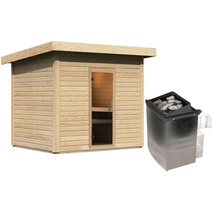 CHILLROI Saunahaus Kaapi, 38mm Wandstärke, inkl. Ofen 9 kW, externe Steuerung, naturbelassen – Bild 3