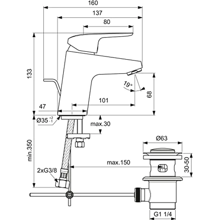 Ideal Standard CeraFlex Waschtischarmatur B1708AA, Chrom mit Metallablaufgarnitur und starrem Gussauslauf – Bild 7
