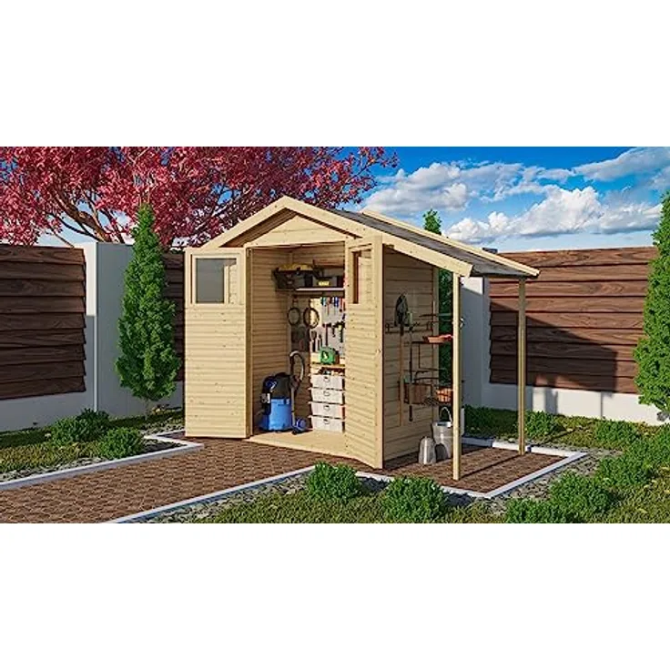 CHILLROI® Gartenhaus Housten, 14mm Wandstärke, naturbelassen, Geräteschuppen mit Anbaudach, Made in Germany