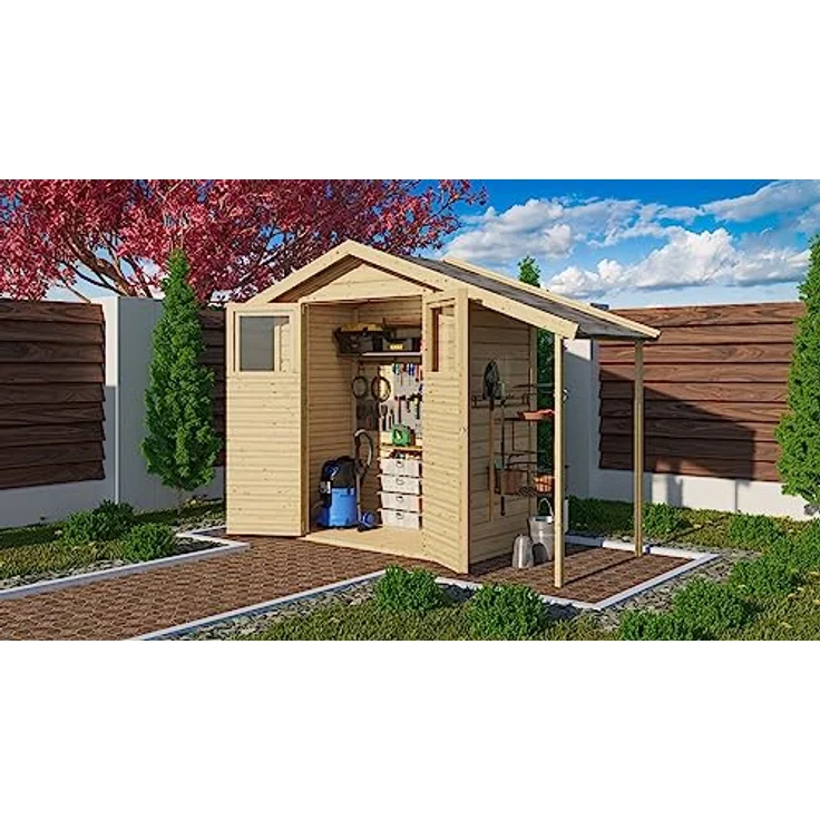 CHILLROI® Gartenhaus Housten, 14mm Wandstärke, naturbelassen, Geräteschuppen mit Anbaudach, Made in Germany – Bild 1