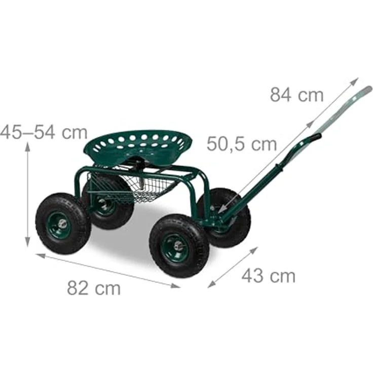 Relaxdays fahrbarer Gartensitz mit Stauraum, höhenverstellbar 40-49 cm, belastbar bis 150 kg, grün, mit Lufträdern für Gartenarbeit – Bild 4