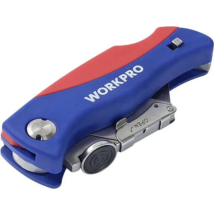 WorkPro WP211006 Cuttermesser, 5x SK5 Klingen, leichter ABS-Griff mit Klingenaufbewahrung, Schnellwechsel-Mechanismus, Gürtelclip aus rostfreiem Stahl
