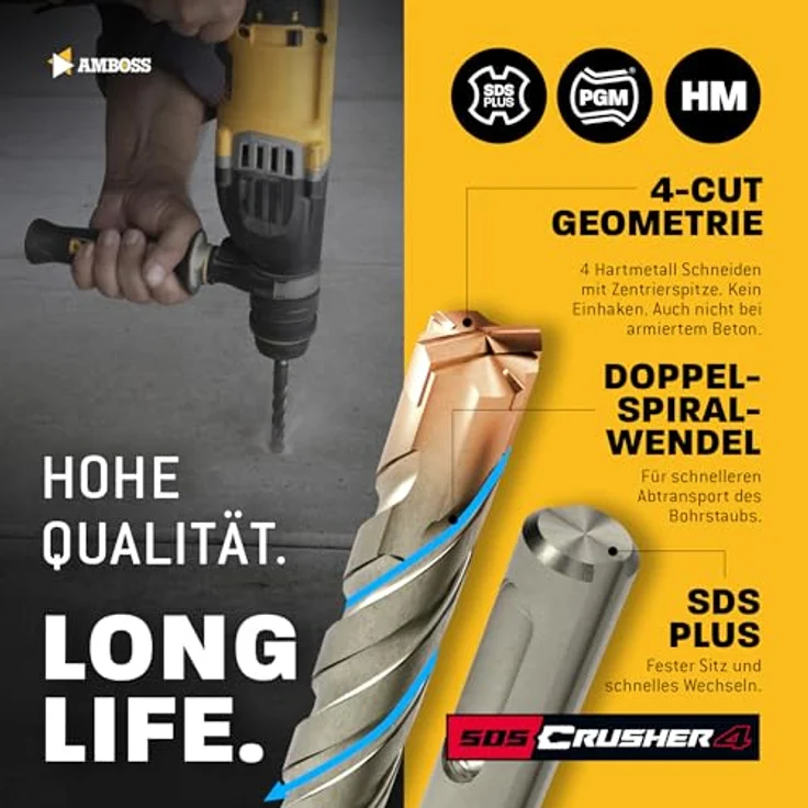 AMBOSS SDS Plus Hammerbohrer 4X Schneiden PGM Ø 26.0mm x 370mm, Hartmetall Profi Bohrer für Beton, Mauerwerk und Ziegel – Bild 3