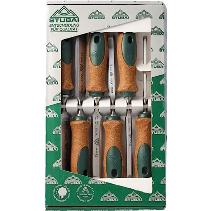 Stemmeisensatz Korkheft, 6-teiliges Set (6,10,14,18,22,26mm) Stemmeisen mit rutschfestem Korkgriff aus nachhaltiger Herstellung, Stubai Stechbeitel zur präzisen Holzbearbeitung, Spezial Stecheisen