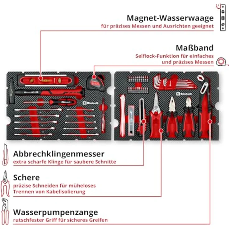 Einhell 370511 Werkzeugkoffer E-Case, 79-teiliges Starter Set mit Zangen, Hammer, Schraubendreher und Messwerkzeugen – Bild 5