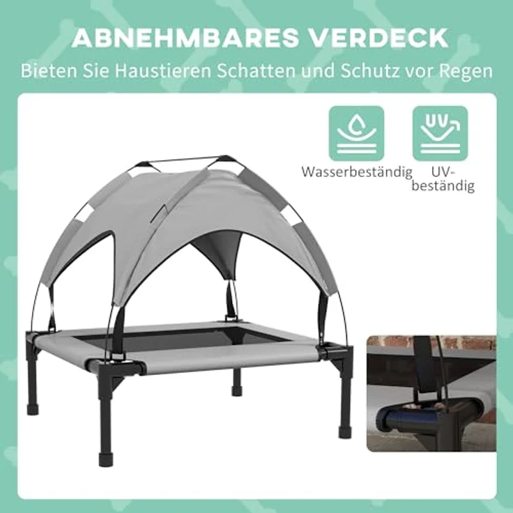 PawHut Erhöhtes Hundebett mit Baldachin, atmungsaktive Outdoor Hundeliege für kleine und mittelgroße Hunde, hellgrau, 76 x 61 x 69,5 cm – Bild 4