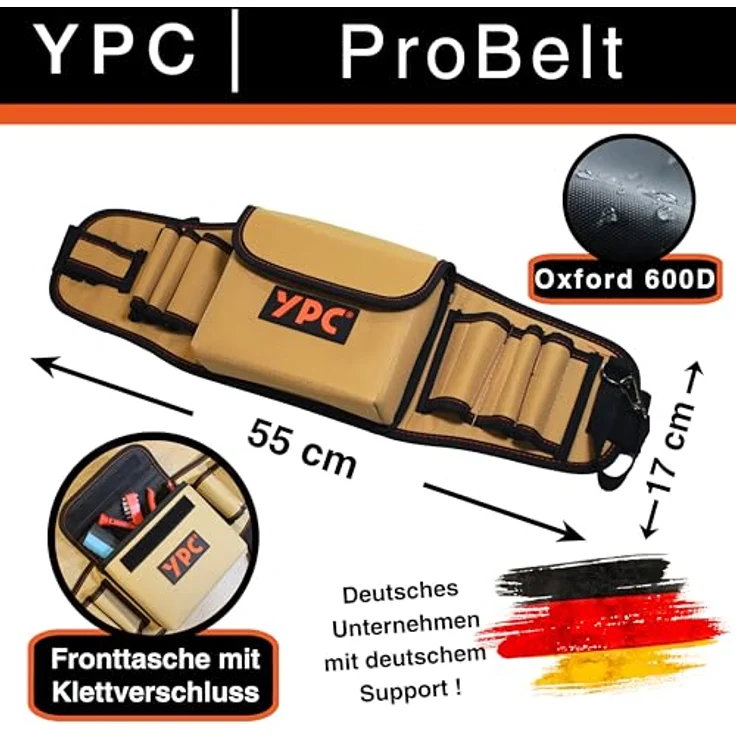 YPC ProBelt – Profi-Werkzeuggürtel mit großer Nageltasche, 7 Steckfächern, Hammerschlaufe, wasserfestem Oxford 600D Polyester, Farbe Khaki, Grau oder Blau – Bild 2