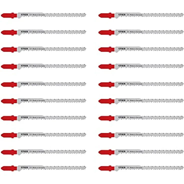 STIER Stichsägeblatt, 20 Stück, ST3182, Schnittlänge S 95 mm, Zahnteilung 2,2-3,2 mm, perfekt geeignet zum Zuschneiden von Holz, Arbeitsplatten, Verbundplatten, CV-Stichsägeblatt