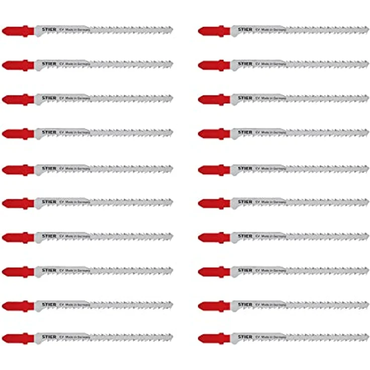 STIER Stichsägeblatt, 20 Stück, ST3182, Schnittlänge S 95 mm, Zahnteilung 2,2-3,2 mm, perfekt geeignet zum Zuschneiden von Holz, Arbeitsplatten, Verbundplatten, CV-Stichsägeblatt – Bild 1