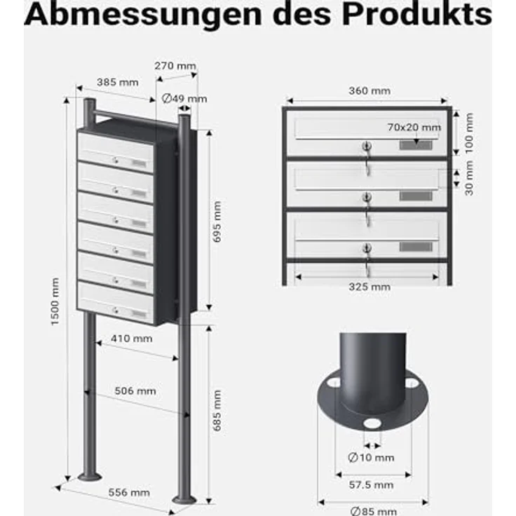 6er Briefkastenanlage mit Standfuß, pulverbeschichtet in Anthrazit-Weiß, 2 Schlüssel je Postfach – Bild 4
