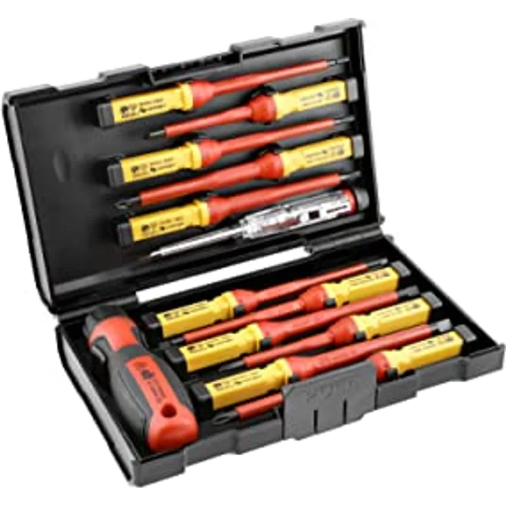 Set isolierter 1000 V-Schraubendreher mit austauschbarem Griff mit Spannungsprüferzur Erkennung von Spannung in Steckdosen. Högert HT1S997, Rot/Gelb