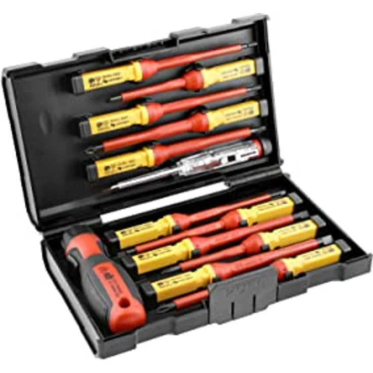 Set isolierter 1000 V-Schraubendreher mit austauschbarem Griff mit Spannungsprüferzur Erkennung von Spannung in Steckdosen. Högert HT1S997, Rot/Gelb – Bild 1