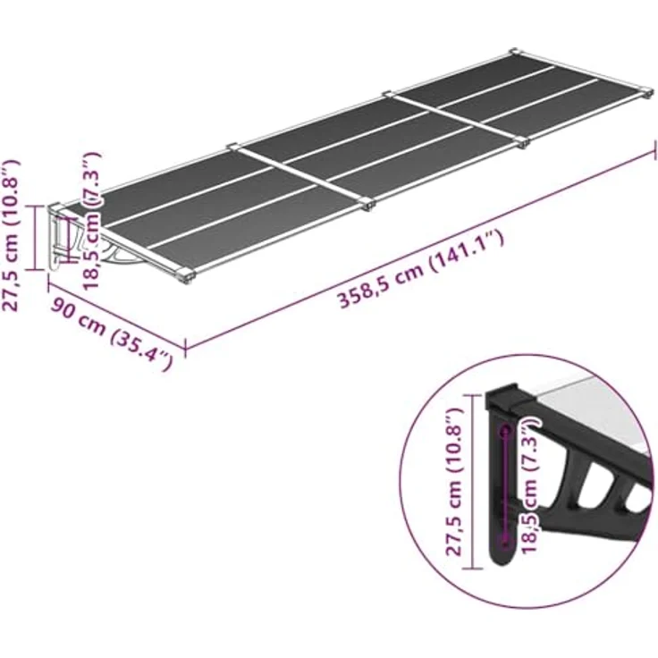 vidaXL Türvordach Schwarz und Transparent 358,5x90 cm Polycarbonat, wetterfest und langlebig – Bild 4