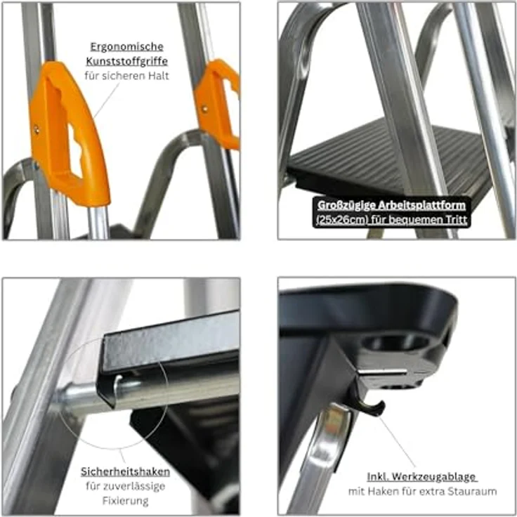 PROREGAL Stufenstehleiter Atlas, Aluminium Leiter mit Werkzeugablage & Handlauf, einseitig begehbar, 7 Stufen, Arbeitshöhe 3,40m, Traglast 150kg – Bild 3