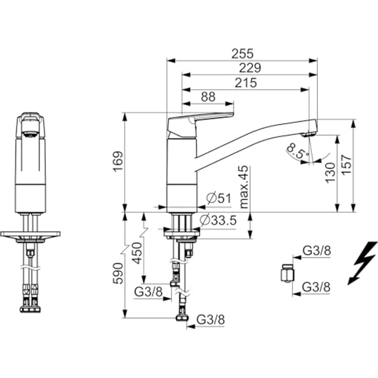 HANSA Küchenarmatur Hansapolo, Einhand-Einlochbatterie für offene Heißwasserbereiter, Ausladung 216 mm, 120° schwenkbar – Bild 2