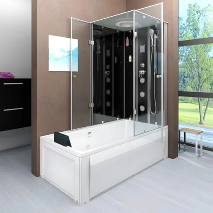SeniorBad GmbH Dusche Wanne Kombination K05-L31-EC Duschkabine 180x90 cm in Schwarz mit Regendusche, Handbrause und Rückenmassagedüsen – Bild 3