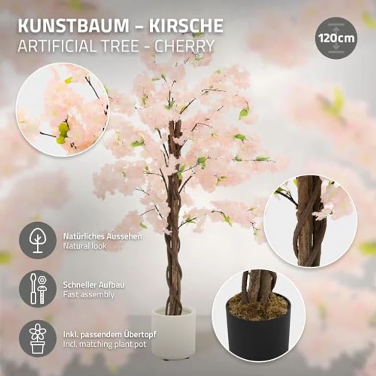 ML DESIGN Künstlicher Kirschblütenbaum 120 cm Rosa, naturgetreue Kunstpflanze mit echtem Holzstamm im Topf, pflegeleichte Deko für Innen & Außen – Bild 2