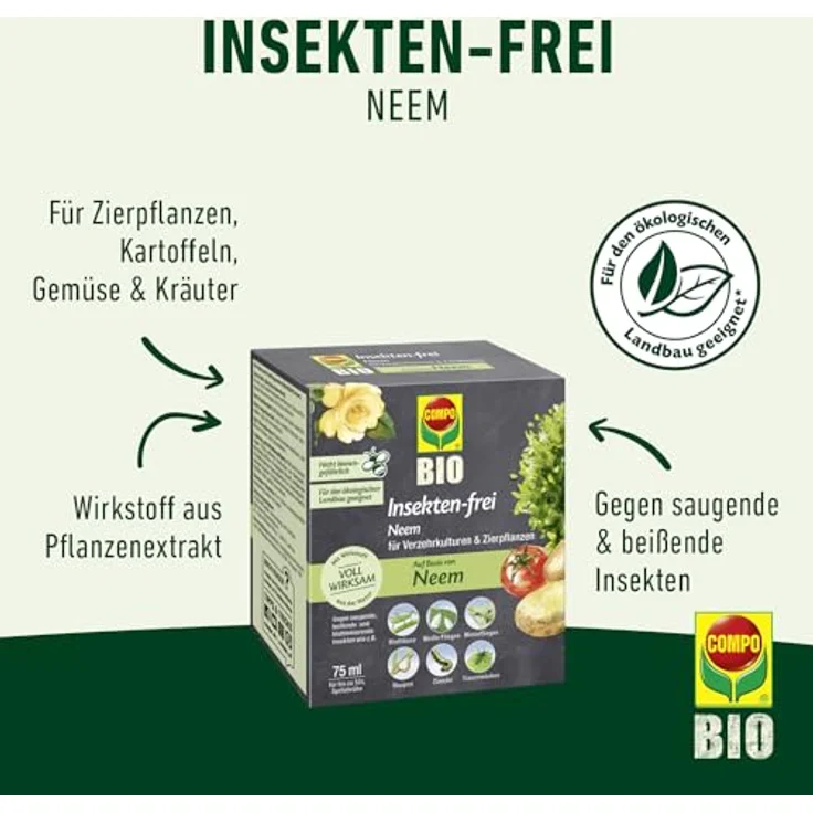 COMPO BIO Insekten-frei Neem 75 ml Bekämpfung von Schädlingen (u.a. Buchsbaumzünsler) an Zierpflanzen, Kartoffeln, Gemüse und Kräutern – Bild 2