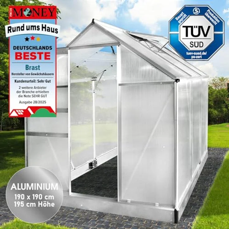 BRAST Gewächshaus Aluminium 190x190x195cm, TÜV geprüft, mit Fundament und 6mm Hohlkammerplatten, rostfrei und wetterfest, Silber – Bild 2