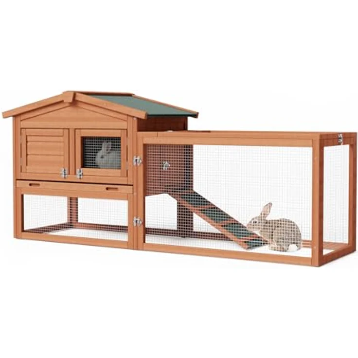 Wiltec XXL Hasenstall 1560 x 520 x 680 mm mit Freilaufgehege und erhöhtem Unterschlupf, Fichtenholz, 2 Etagen, Kleintierstall, für Hasen, Kaninchen & Meerschweinchen, grün – Bild 1