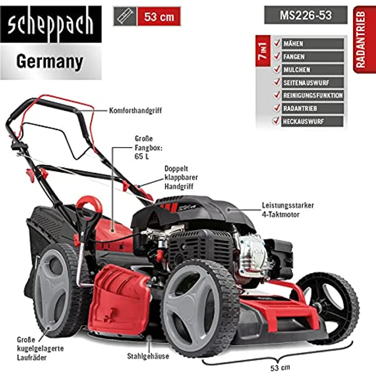 Scheppach 6 in 1 Benzin-Rasenmäher MS226-53 SE, 53 cm Schnittbreite, 224 cm³ Motor, Radantrieb, Reinigungsfunktion – Bild 3