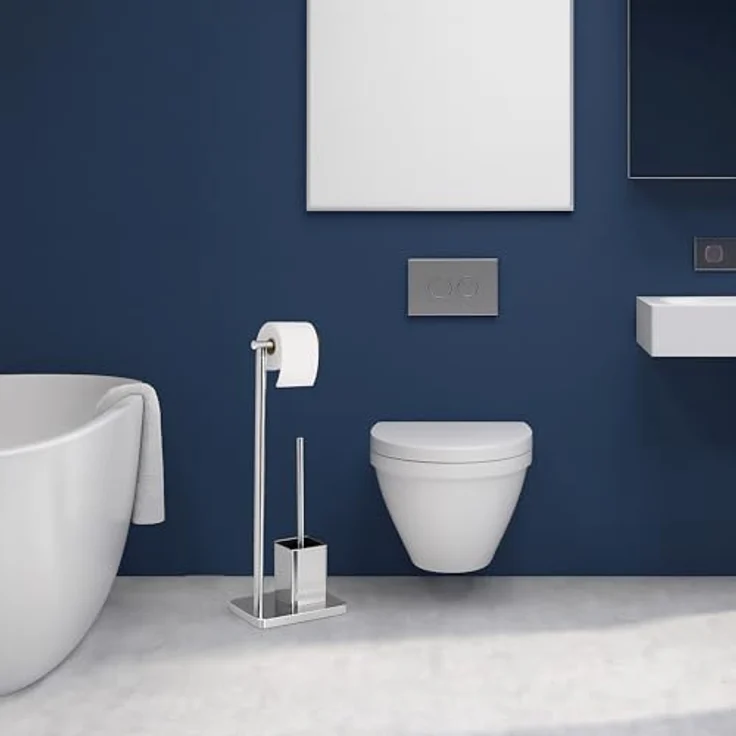 relaxdays WC-Garnitur mit 2 Ersatz Bürstenköpfen, silber, edles Design aus Edelstahl und Bambus, freistehend – Bild 5